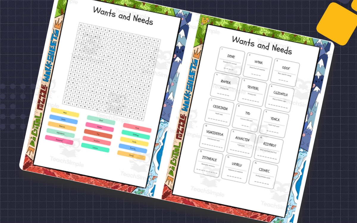 An educational teaching resource from Lapiiin Art Activities entitled Wants and Needs word search, scramble and crossword puzzle downloadable at Teach Simple.