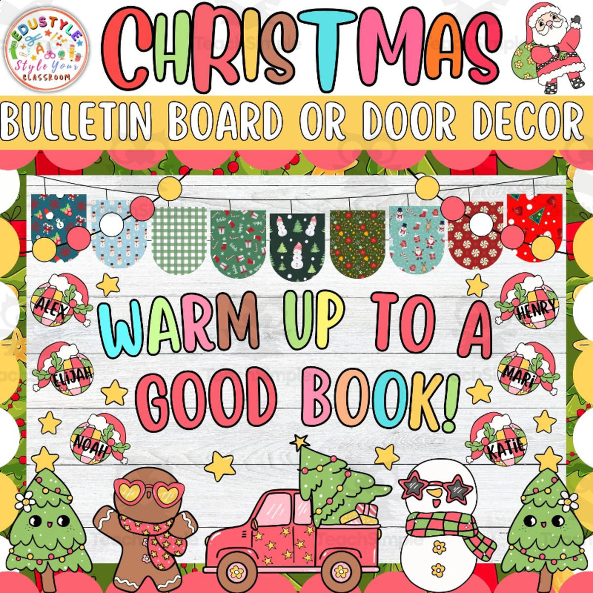An educational teaching resource from Style Your Classroom entitled Warm Up to a Good: Retro Christmas Bulletin Board or Door Decor Kit downloadable at Teach Simple.