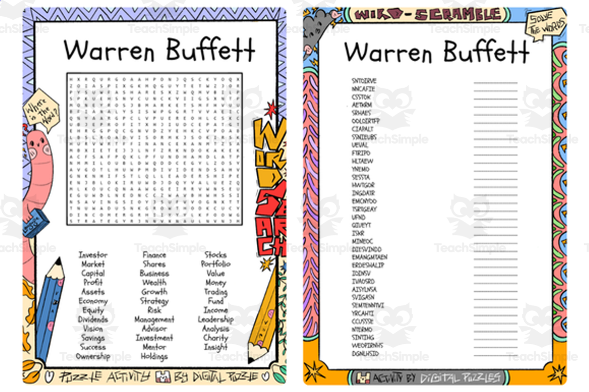 An educational teaching resource from Lapiiin Art Activities entitled Warren Buffett word search & scramble downloadable at Teach Simple.