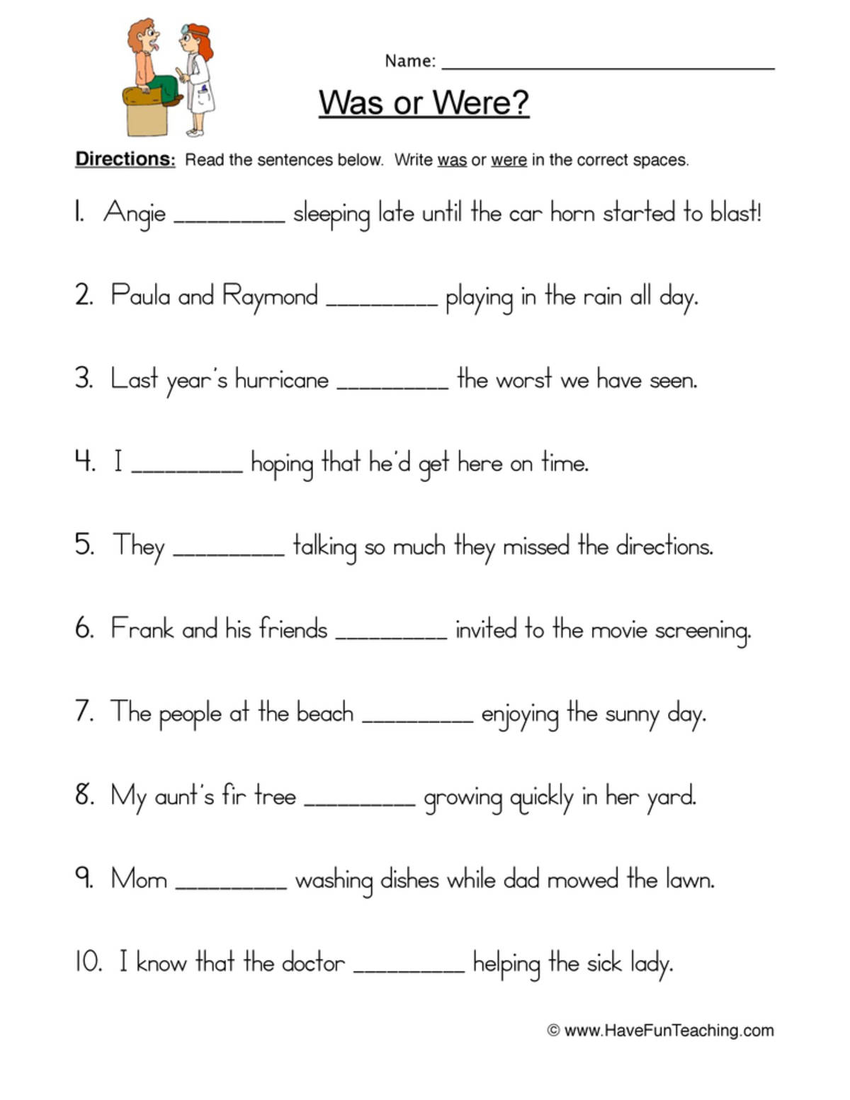 An educational teaching resource from Have Fun Teaching entitled Was Were Fill in the Blank Worksheet downloadable at Teach Simple.
