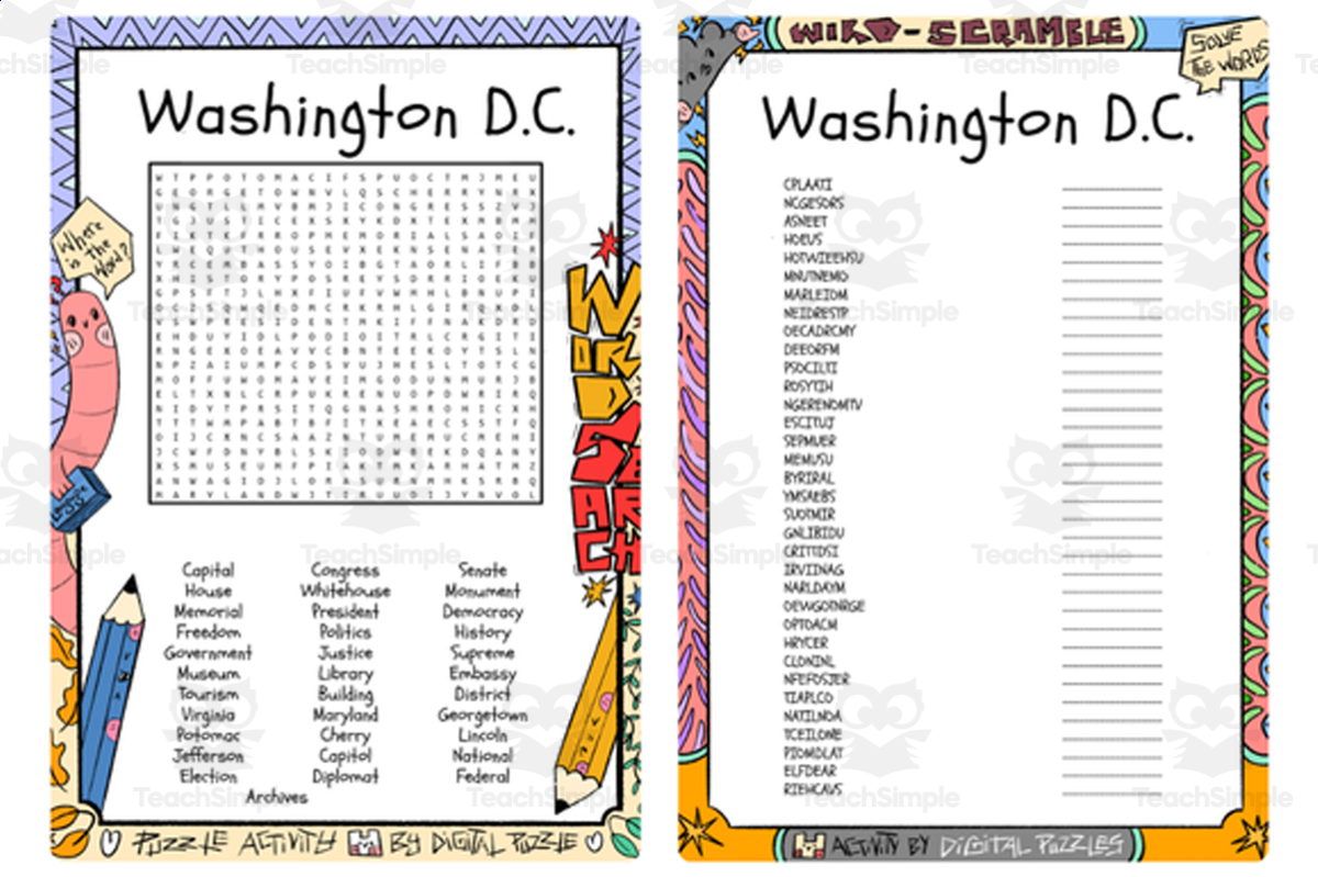 An educational teaching resource from Lapiiin Art Activities entitled Washington D.C word search & scramble downloadable at Teach Simple.