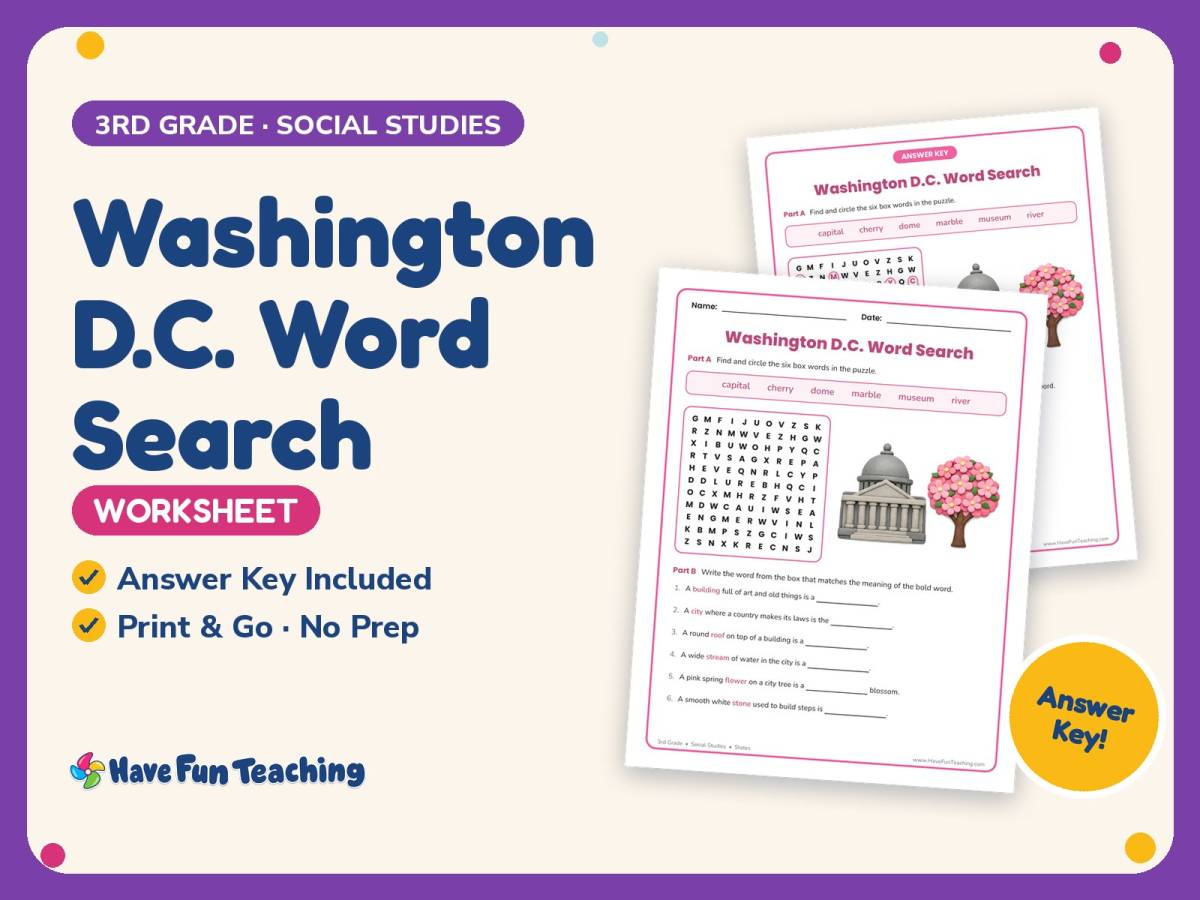 Washington D.C. Word Search Worksheet – 3rd Grade States Practice preview