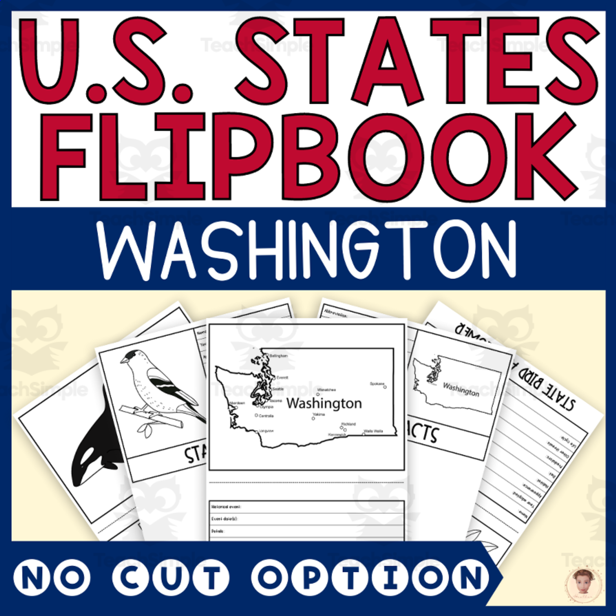 An educational teaching resource from Heather Huhman entitled Washington State Flipbook (Capital, Bird, Flower, Flag, Animal) downloadable at Teach Simple.