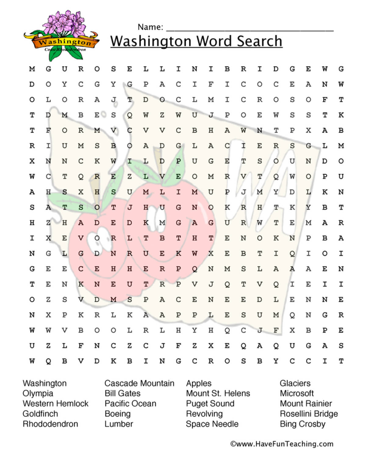 An educational teaching resource from Have Fun Teaching entitled Washington Word Search Worksheet downloadable at Teach Simple.