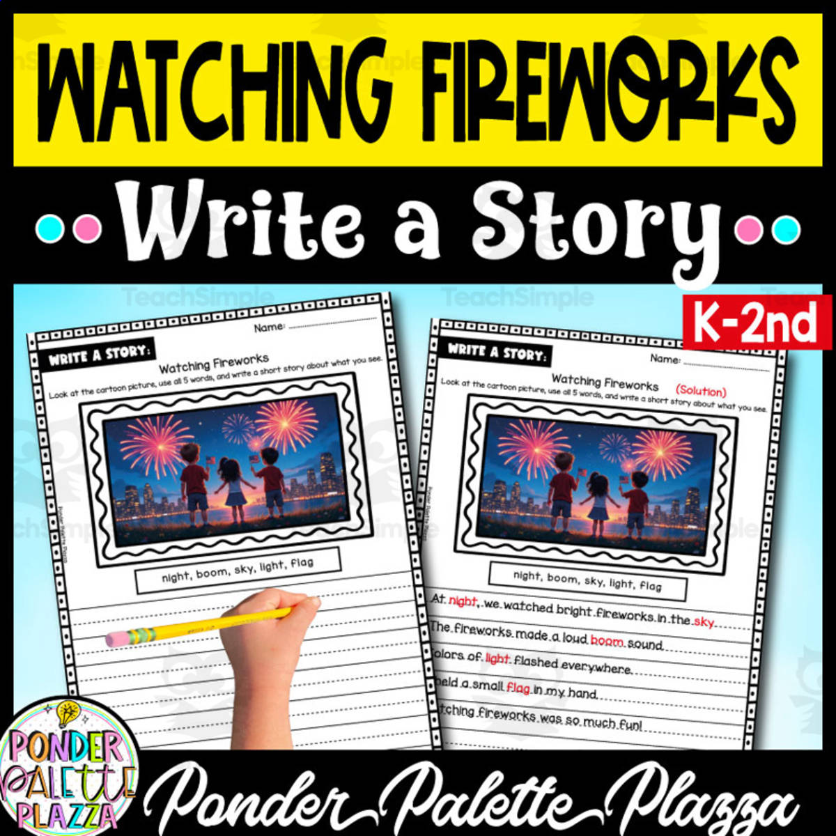 An educational teaching resource from Ponder Palette Plazza entitled Watching Fireworks Write a Story Activity - Memorial Day downloadable at Teach Simple.