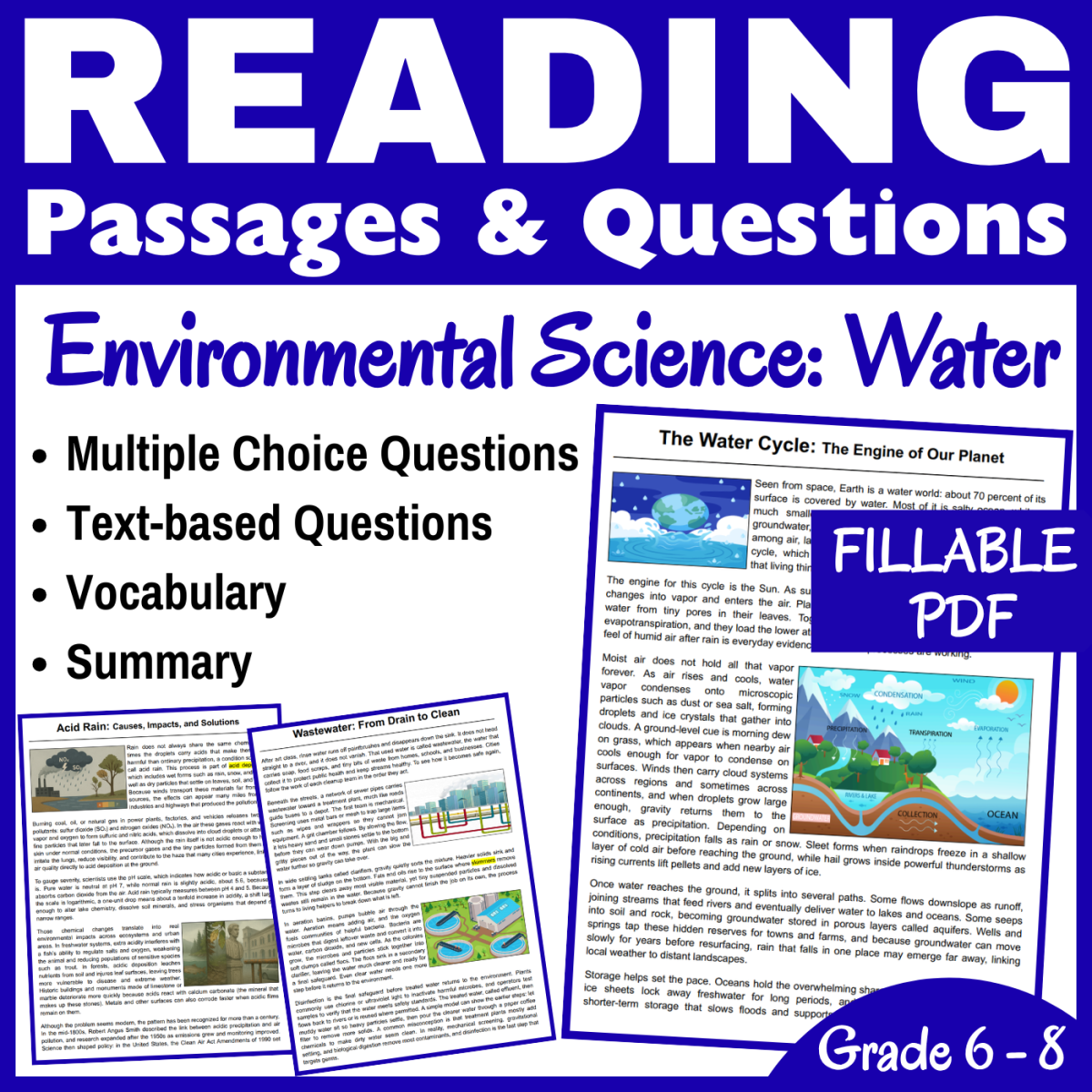 An educational teaching resource from CORED Education - Middle & High School entitled Water Cycle, Acid Rain, & Wastewater: Reading Passages (FILLABLE PDF) downloadable at Teach Simple.