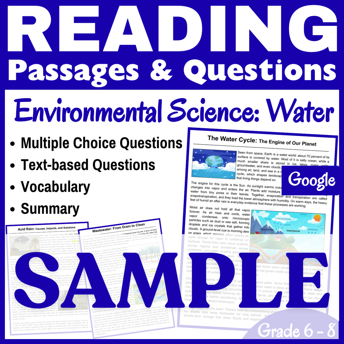 An educational teaching resource from CORED Education - Middle & High School entitled Water Cycle, Acid Rain, & Wastewater: SAMPLE Reading Passage (Docs) downloadable at Teach Simple.
