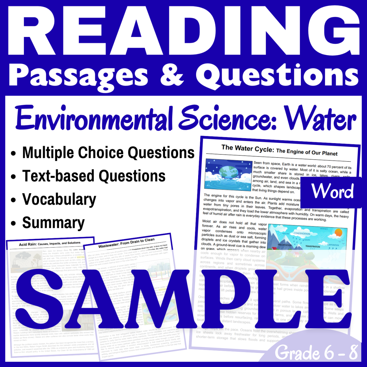 An educational teaching resource from CORED Education - Middle & High School entitled Water Cycle, Acid Rain, & Wastewater: SAMPLE Reading Passage (Word) downloadable at Teach Simple.