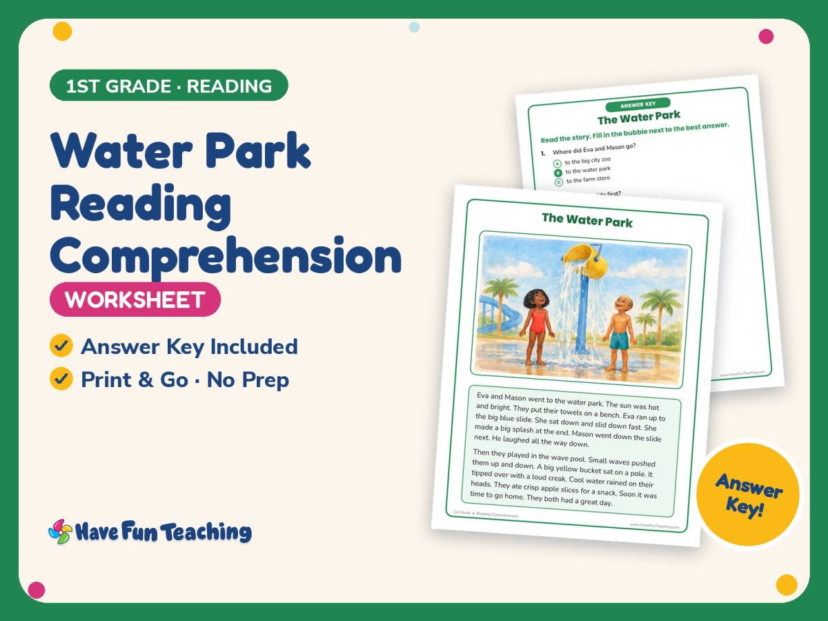 Water Park Reading Comprehension Worksheet – 1st Grade Practice preview