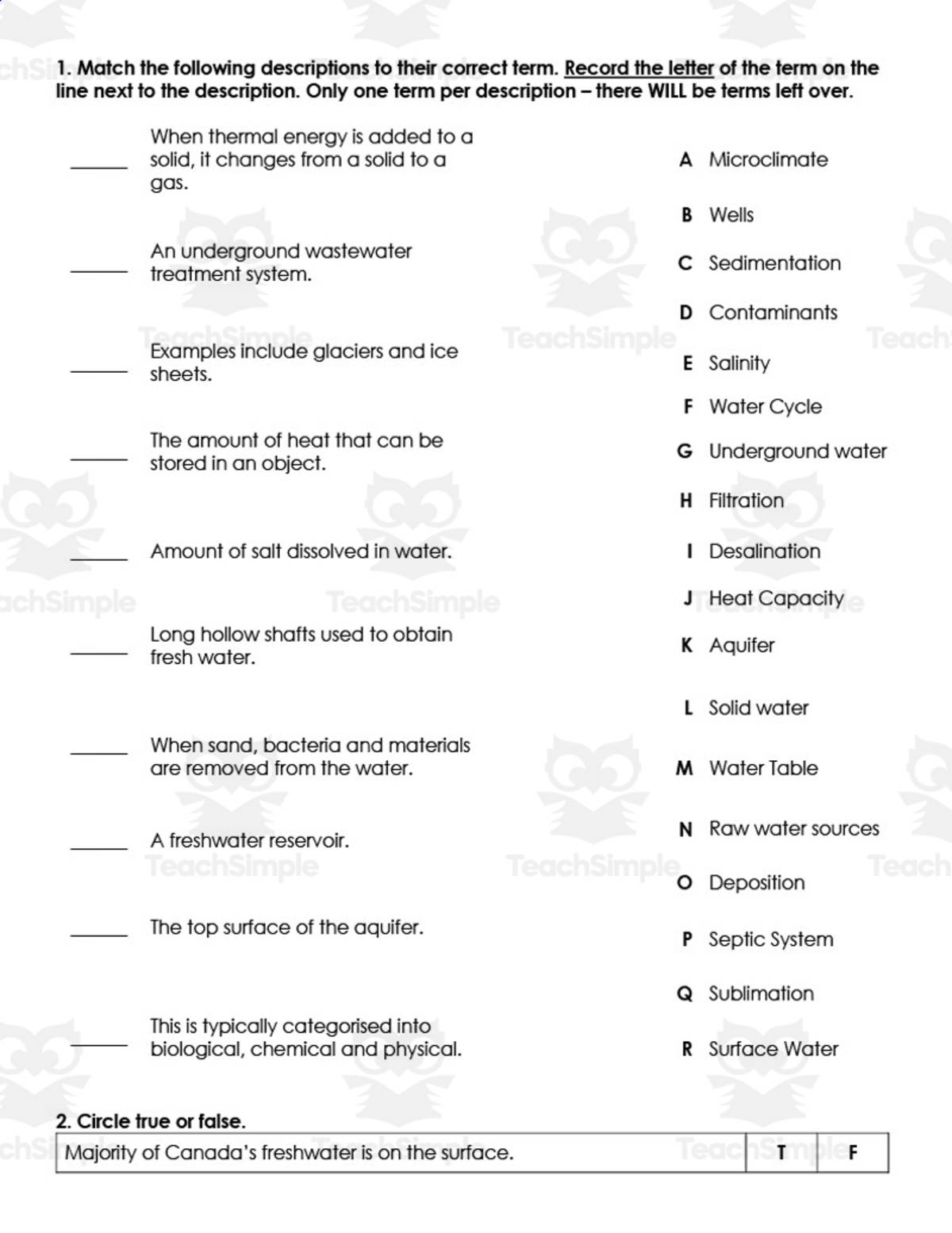 An educational teaching resource from Resource Garden entitled Water Systems Science Test downloadable at Teach Simple.