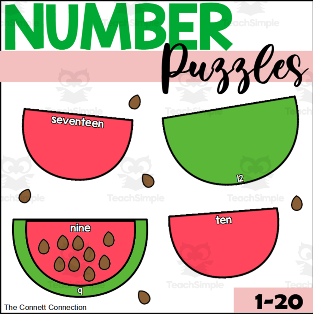 An educational teaching resource from The Connett Connection entitled Watermelon Number Puzzles 1-20 downloadable at Teach Simple.