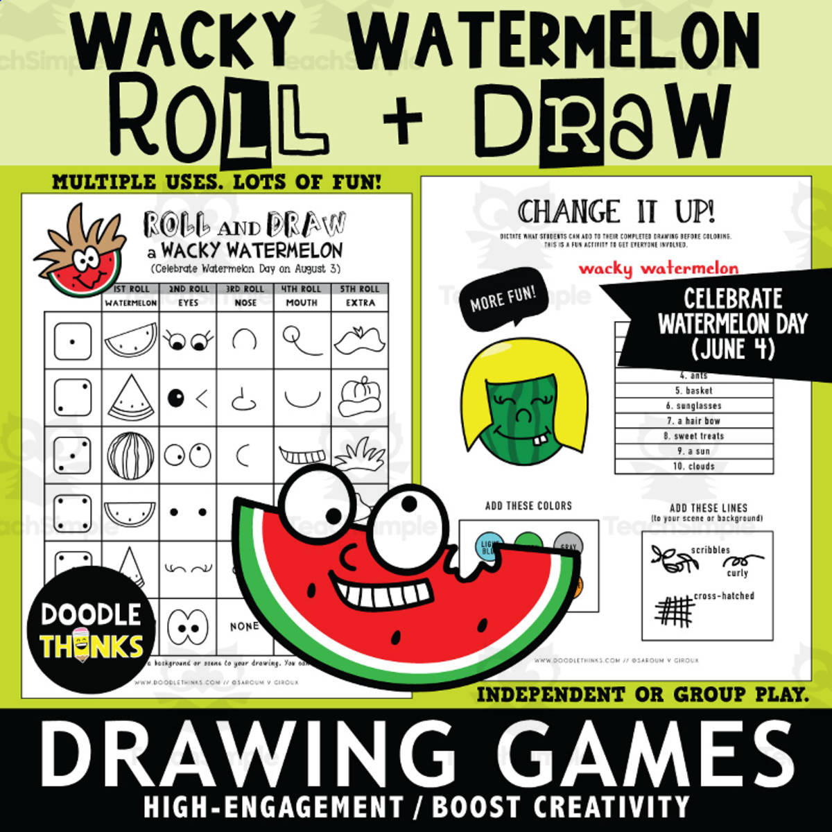 An educational teaching resource from Doodle Thinks entitled Watermelon Roll and Draw Games |  Watermelon Day August Art Activity downloadable at Teach Simple.