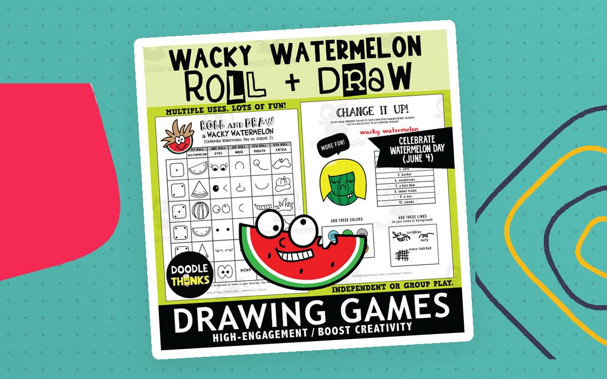 An educational teaching resource from Doodle Thinks entitled Watermelon Roll and Draw Games |  Watermelon Day August Art Activity downloadable at Teach Simple.