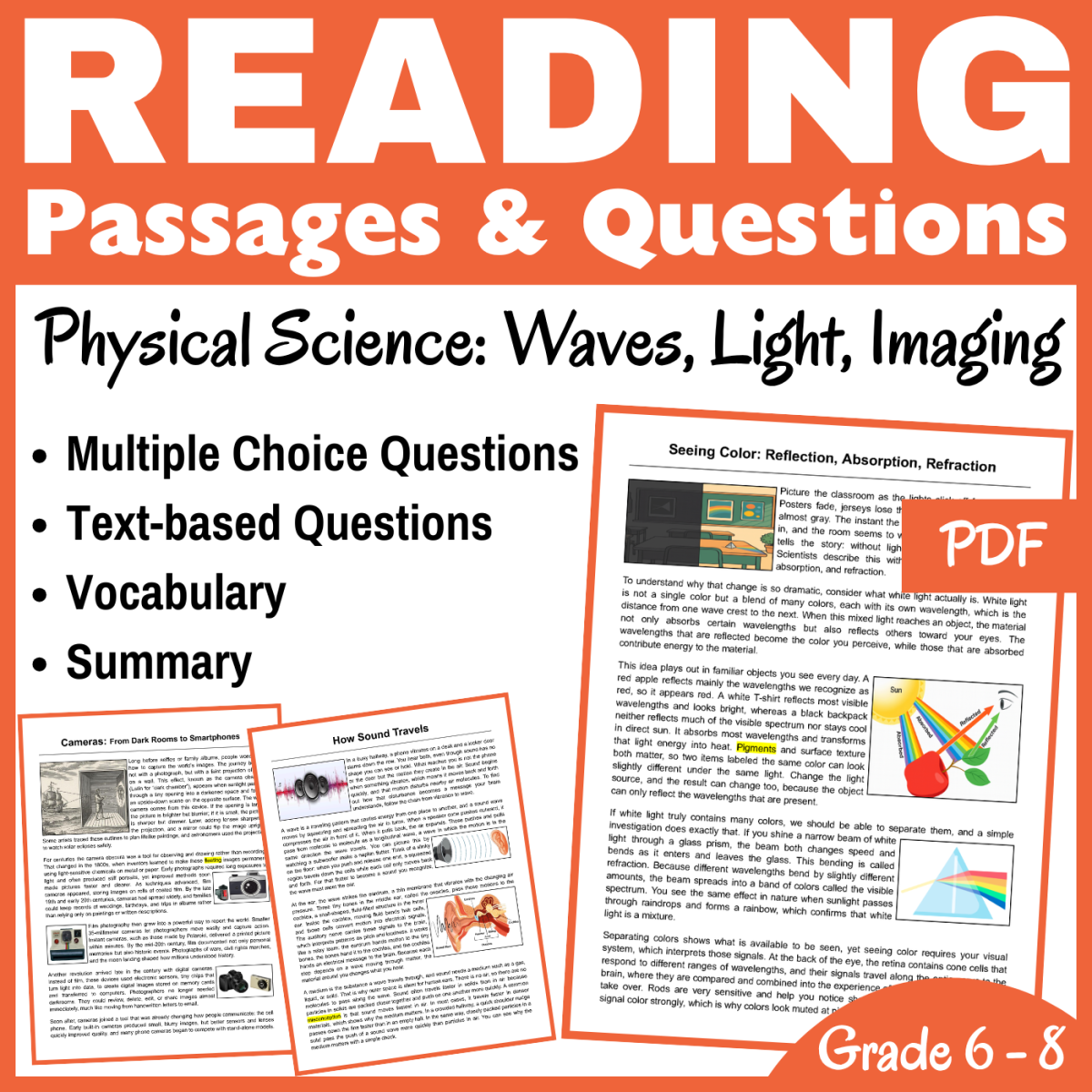 An educational teaching resource from CORED Education - Middle & High School entitled Waves, Light, Imaging: Physical Science Reading Comprehension (PDF) downloadable at Teach Simple.