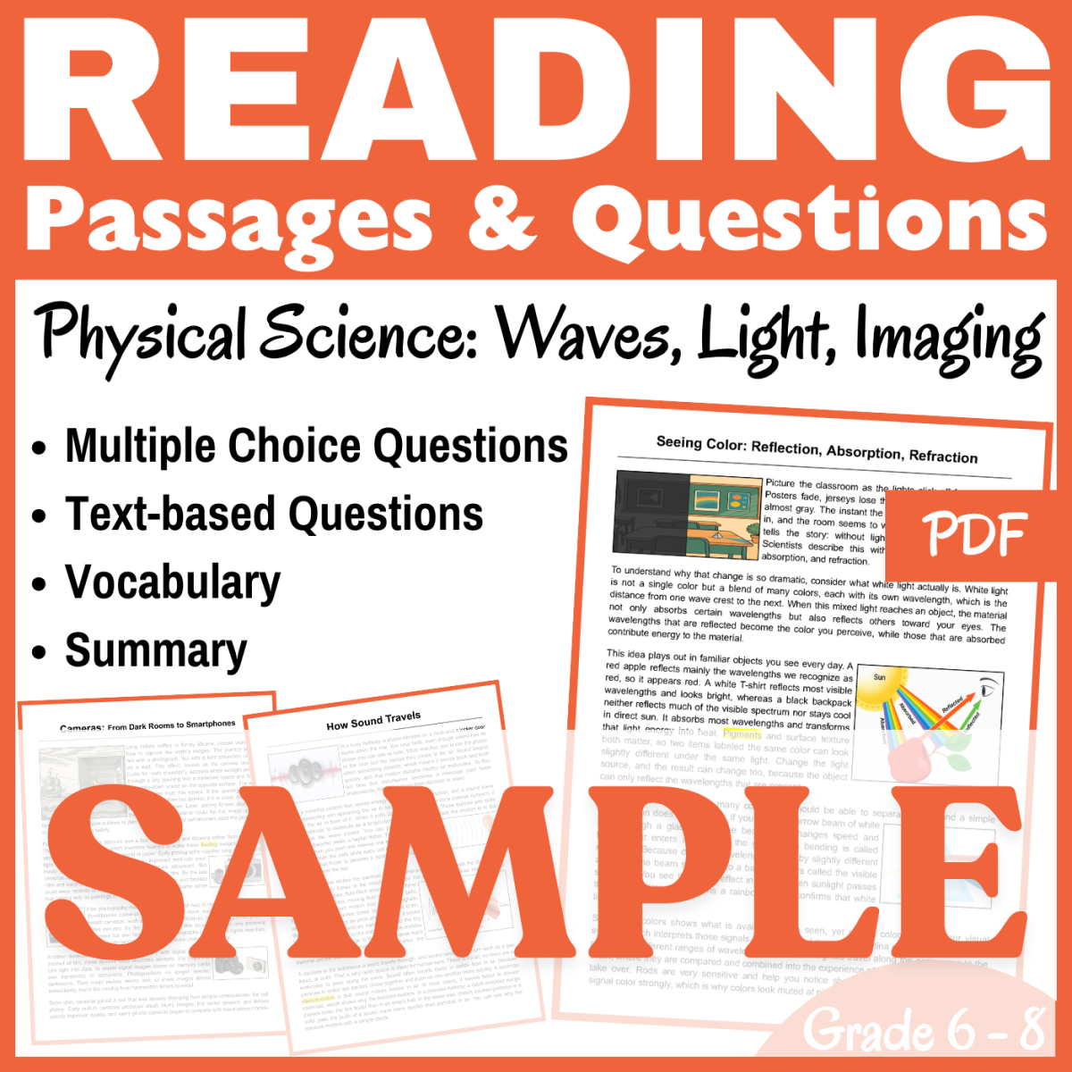 An educational teaching resource from CORED Education - Middle & High School entitled Waves, Light, Imaging: SAMPLE Physical Science Reading (PDF) downloadable at Teach Simple.