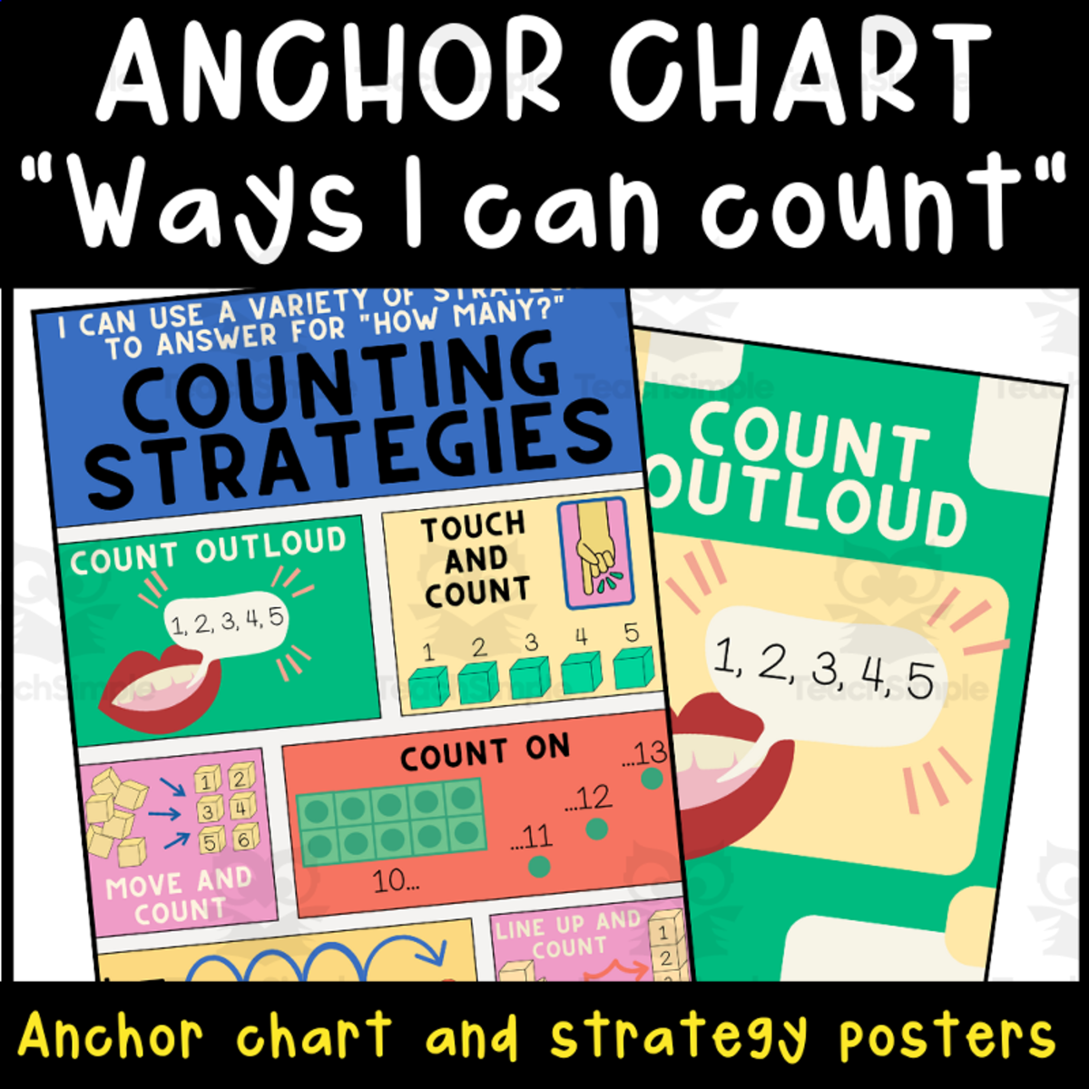 An educational teaching resource from Primary 206 Mix entitled Ways to Count Anchor Chart with Counting Strategy Posters downloadable at Teach Simple.