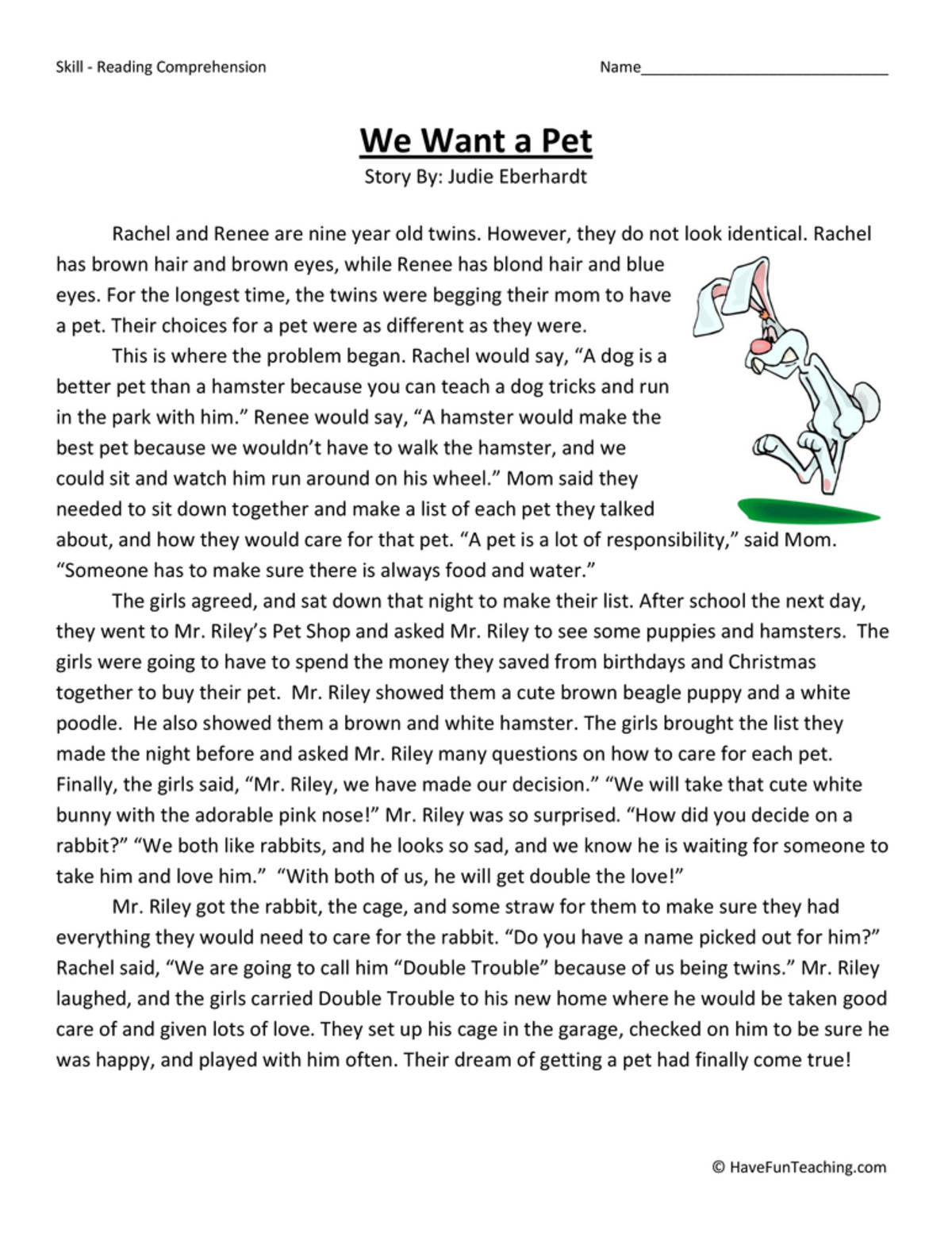 An educational teaching resource from Have Fun Teaching entitled We Want a Pet Reading Comprehension Worksheet downloadable at Teach Simple.