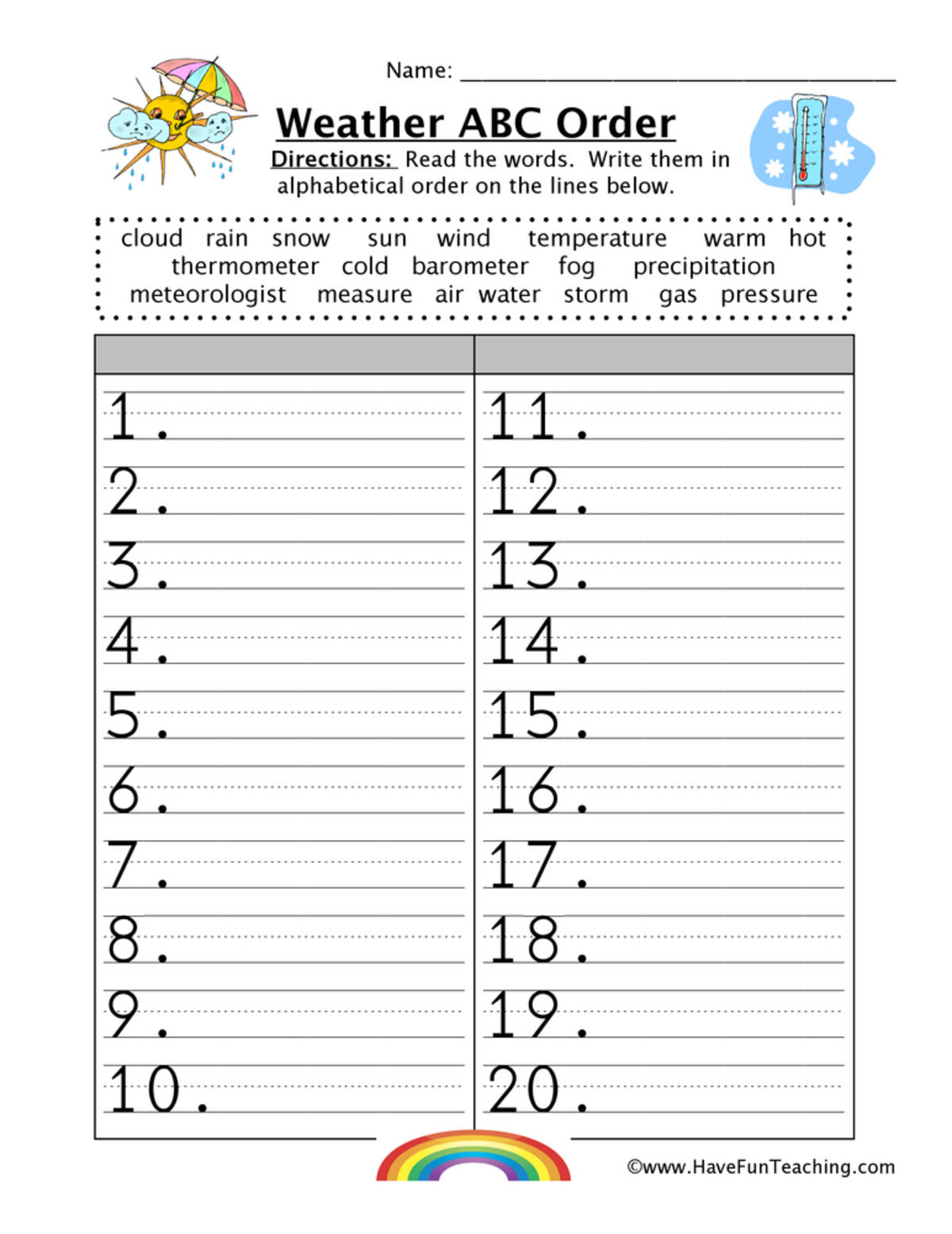 An educational teaching resource from Have Fun Teaching entitled Weather Alphabetical Order Worksheet downloadable at Teach Simple.