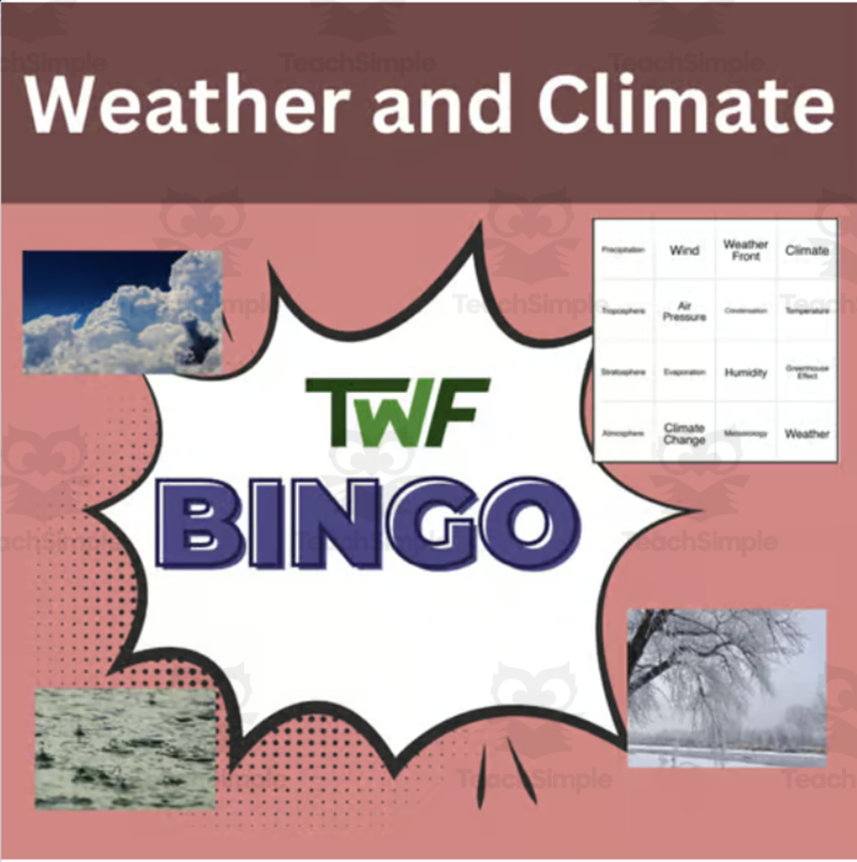 An educational teaching resource from Teach With Fergy entitled Weather and Climate Science BINGO Activity downloadable at Teach Simple.