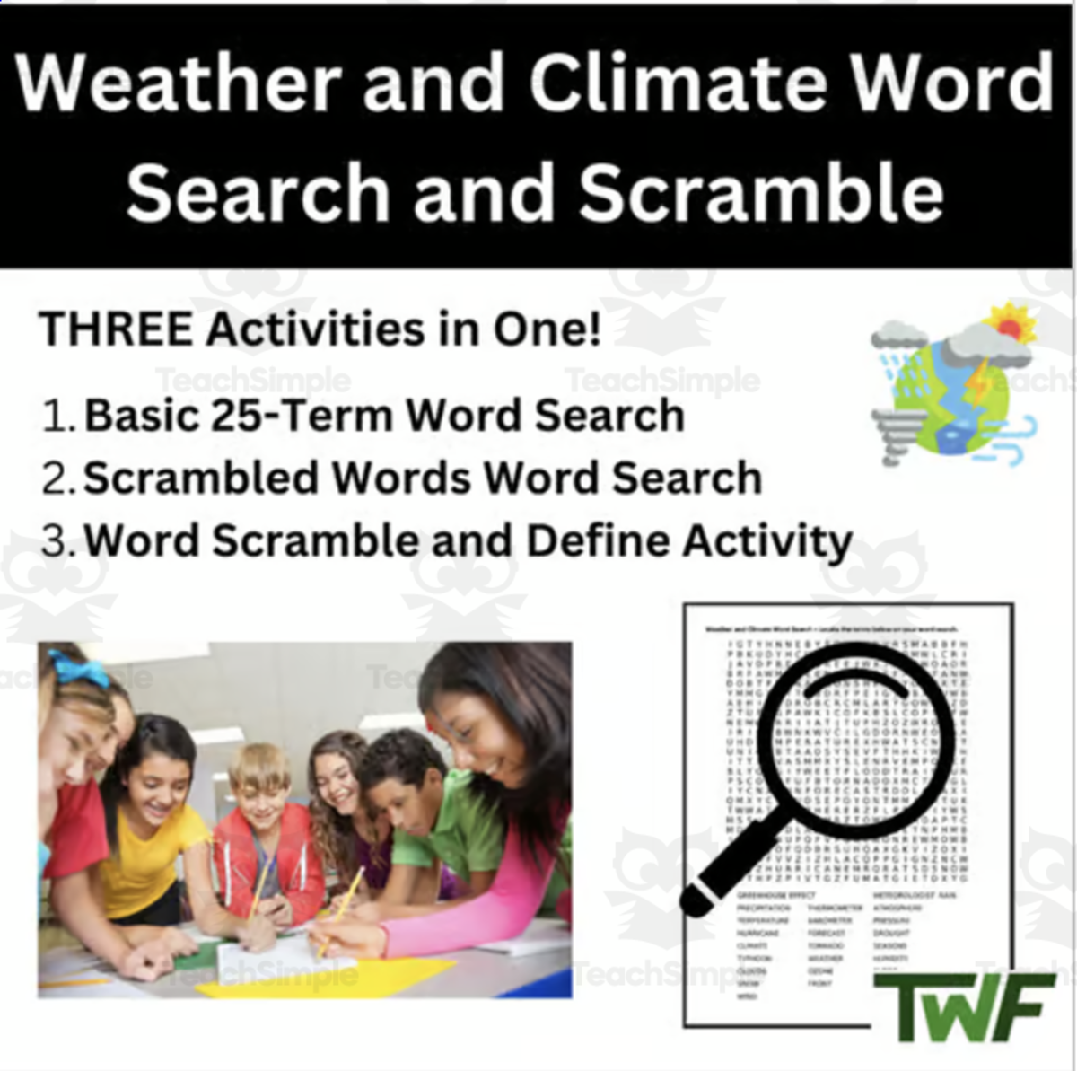 An educational teaching resource from Teach With Fergy entitled Weather and Climate Word Search and Scramble Activity downloadable at Teach Simple.