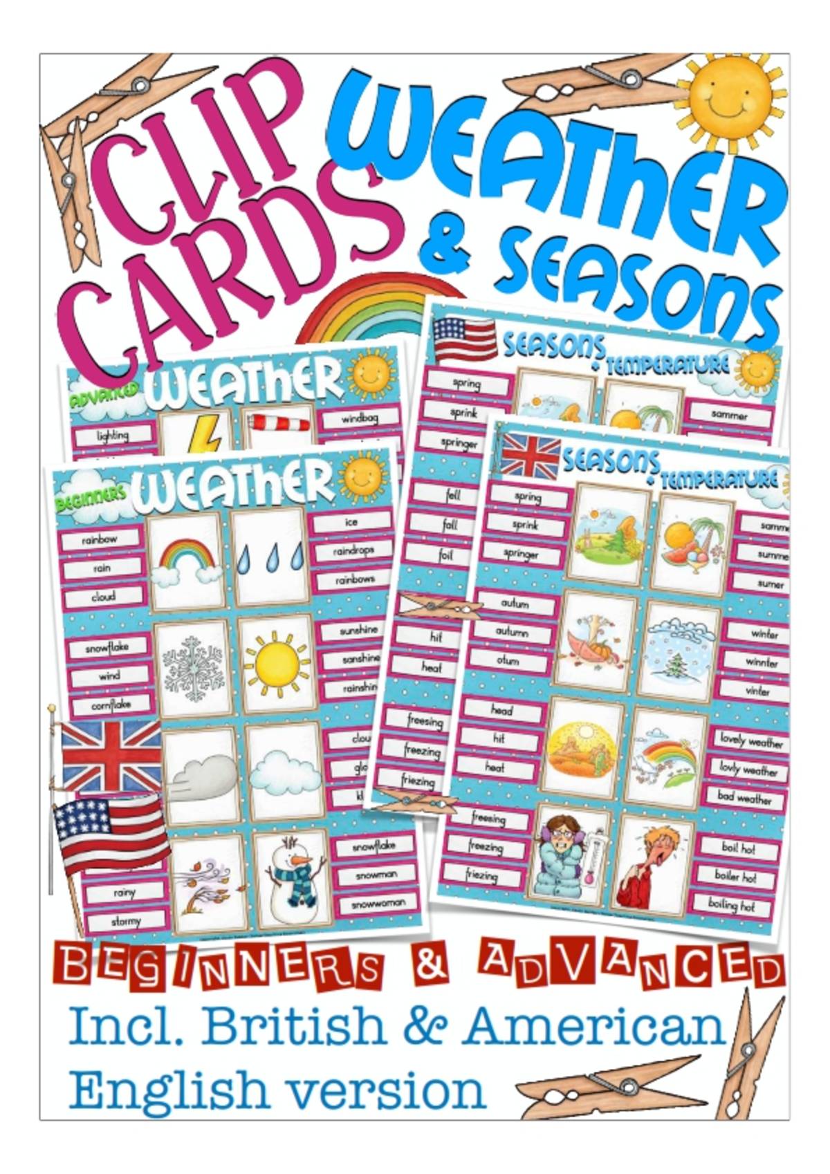 An educational teaching resource from Better Teaching Resources entitled Weather & Seasons Clip Cards - Spelling & Vocabulary downloadable at Teach Simple.