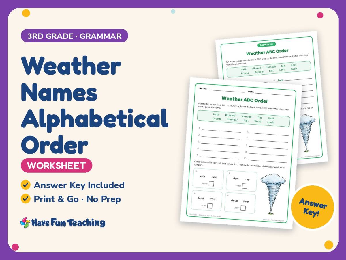 Meterogical Math Weather Names Alphabetical Order Worksheet – 3rd Grade Grammar by Teach ...