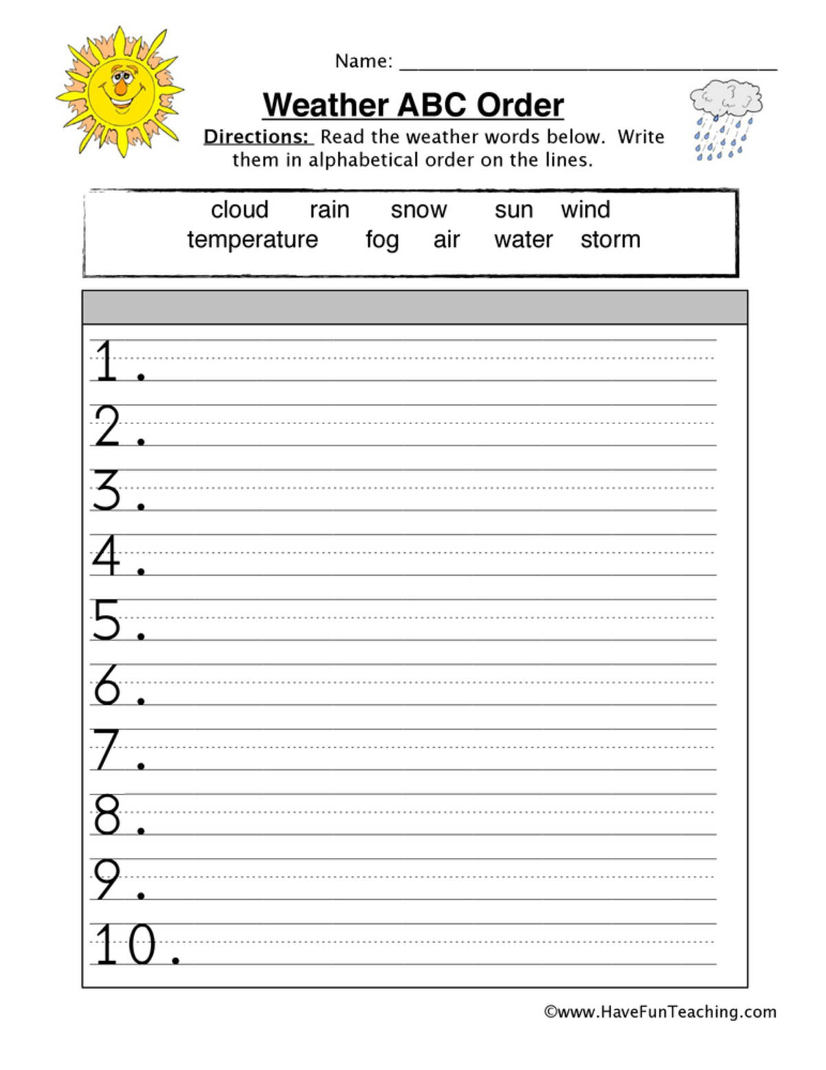 An educational teaching resource from Have Fun Teaching entitled Weather Names Alphabetical Order Worksheet downloadable at Teach Simple.