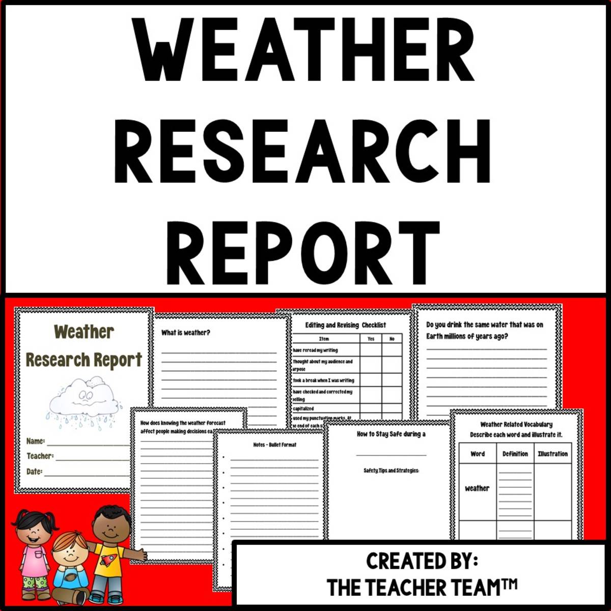 An educational teaching resource from The Teacher Team entitled Weather Research Report downloadable at Teach Simple.
