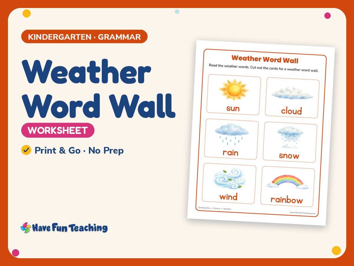 Meterogical Math Weather Word Wall Worksheet – Kindergarten Grammar Practice by Teach Simple