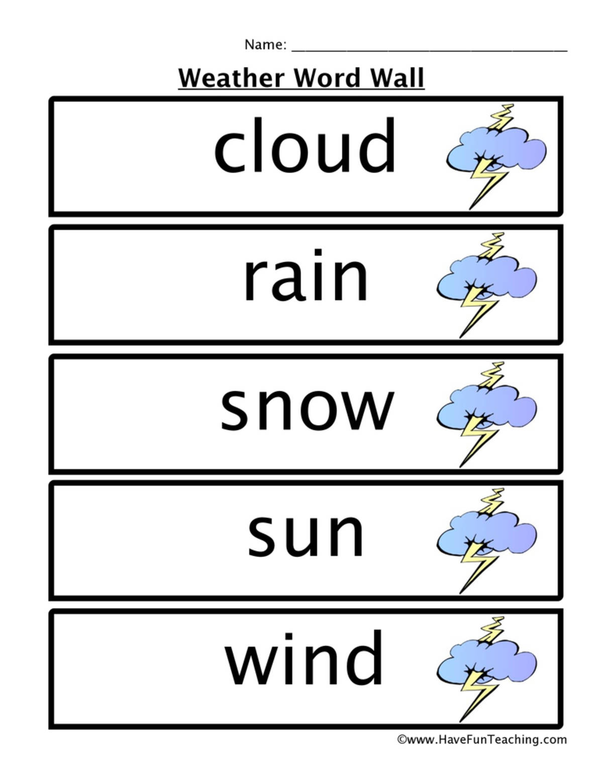 An educational teaching resource from Have Fun Teaching entitled Weather Word Wall downloadable at Teach Simple.