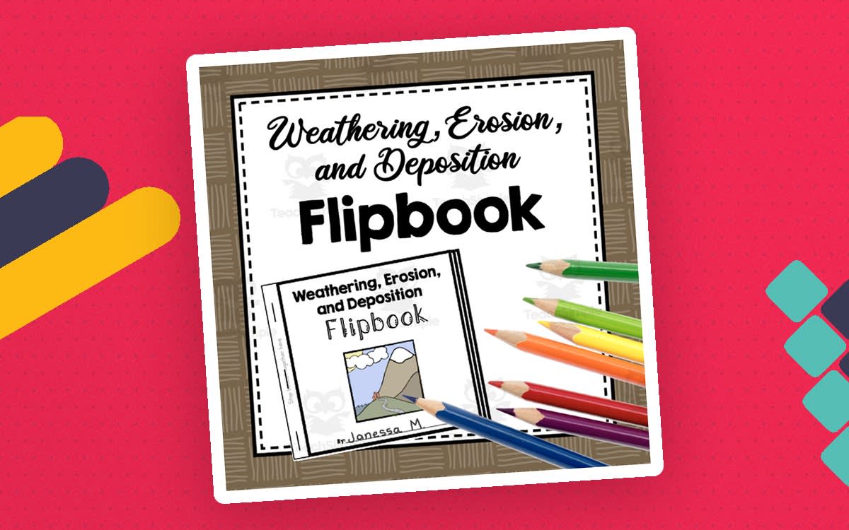 An educational teaching resource from Simply Schoolgirl entitled Weathering, Erosion, and Deposition Flipbook | Geology Project downloadable at Teach Simple.