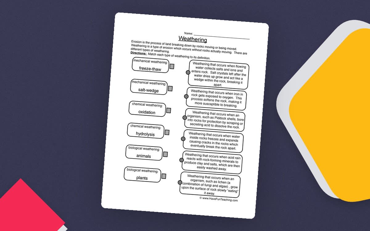 An educational teaching resource from Have Fun Teaching entitled Weathering Worksheet downloadable at Teach Simple.