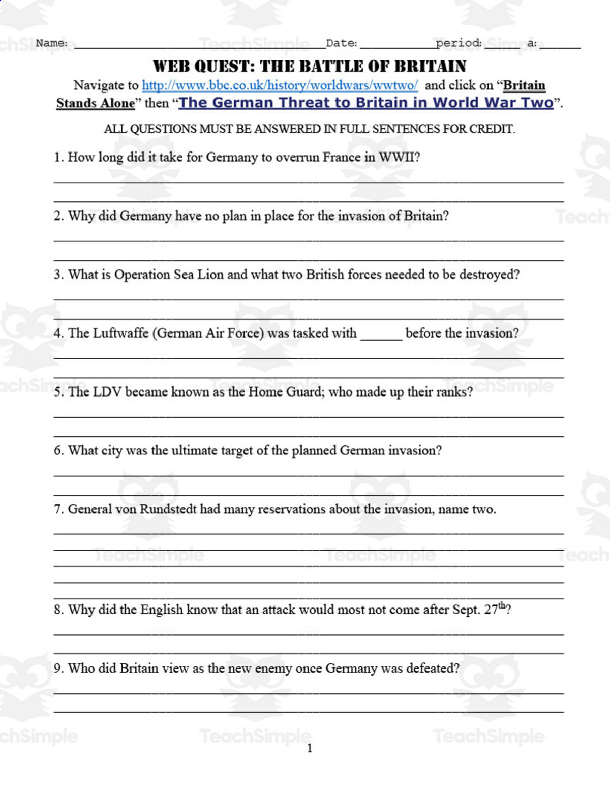 An educational teaching resource from DrDrew entitled Web Quest: The Battle of Britain | History Worksheet downloadable at Teach Simple.