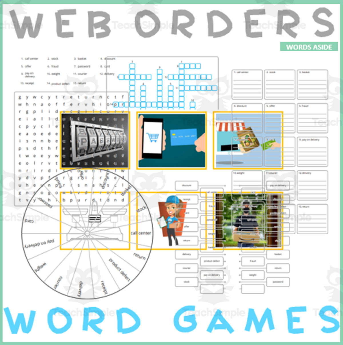 An educational teaching resource from WORDS ASIDE entitled WEB SHOP: Word Games with Puzzles Crossword Wordsearch downloadable at Teach Simple.