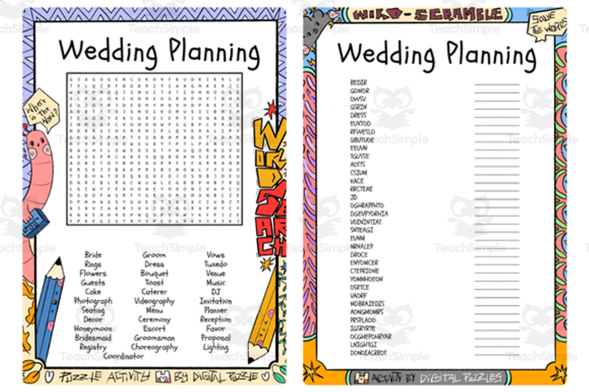 An educational teaching resource from Lapiiin Art Activities entitled Wedding Planning word search & scramble downloadable at Teach Simple.