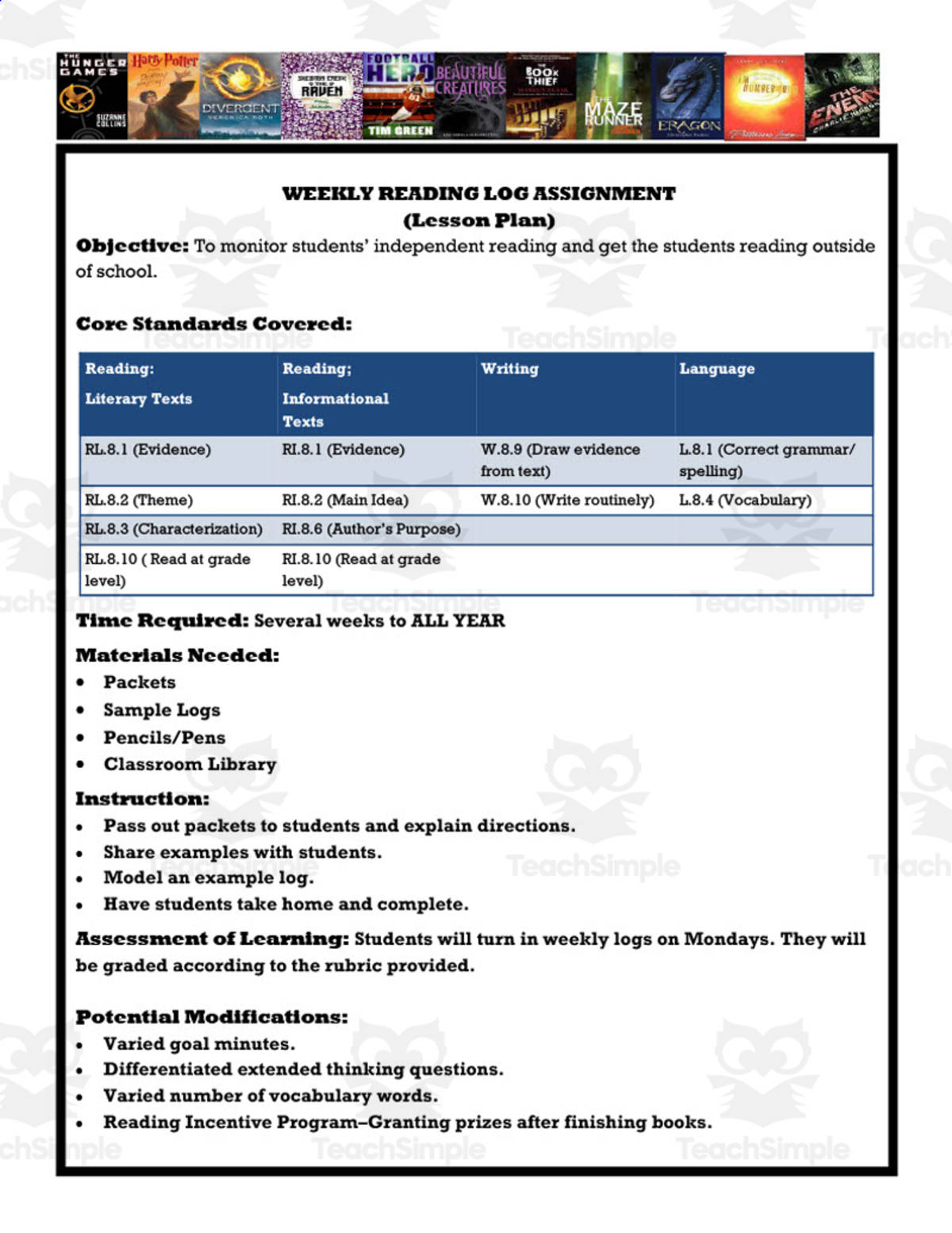 An educational teaching resource from Time Thrifty Teacher entitled Weekly Reading Log for Middle School downloadable at Teach Simple.