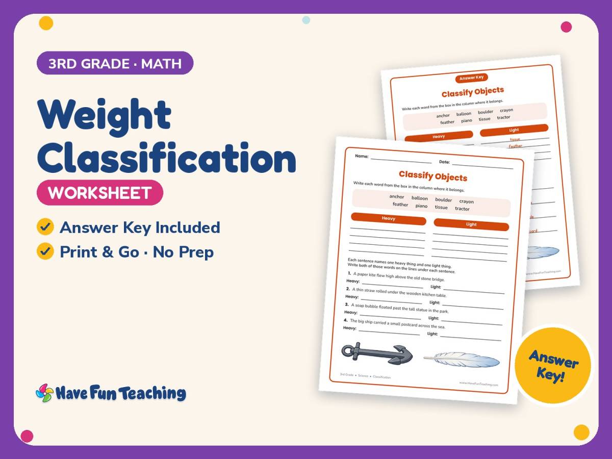 Weight Classification Worksheet – 3rd Grade Math Practice + Answer Key preview