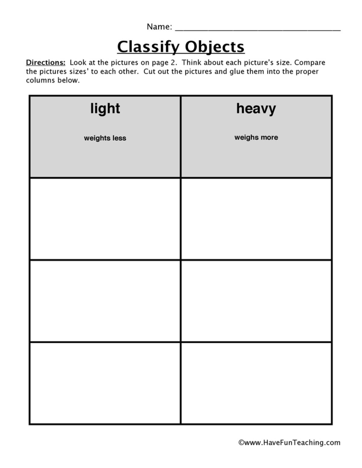 An educational teaching resource from Have Fun Teaching entitled Weight Classification Worksheet downloadable at Teach Simple.