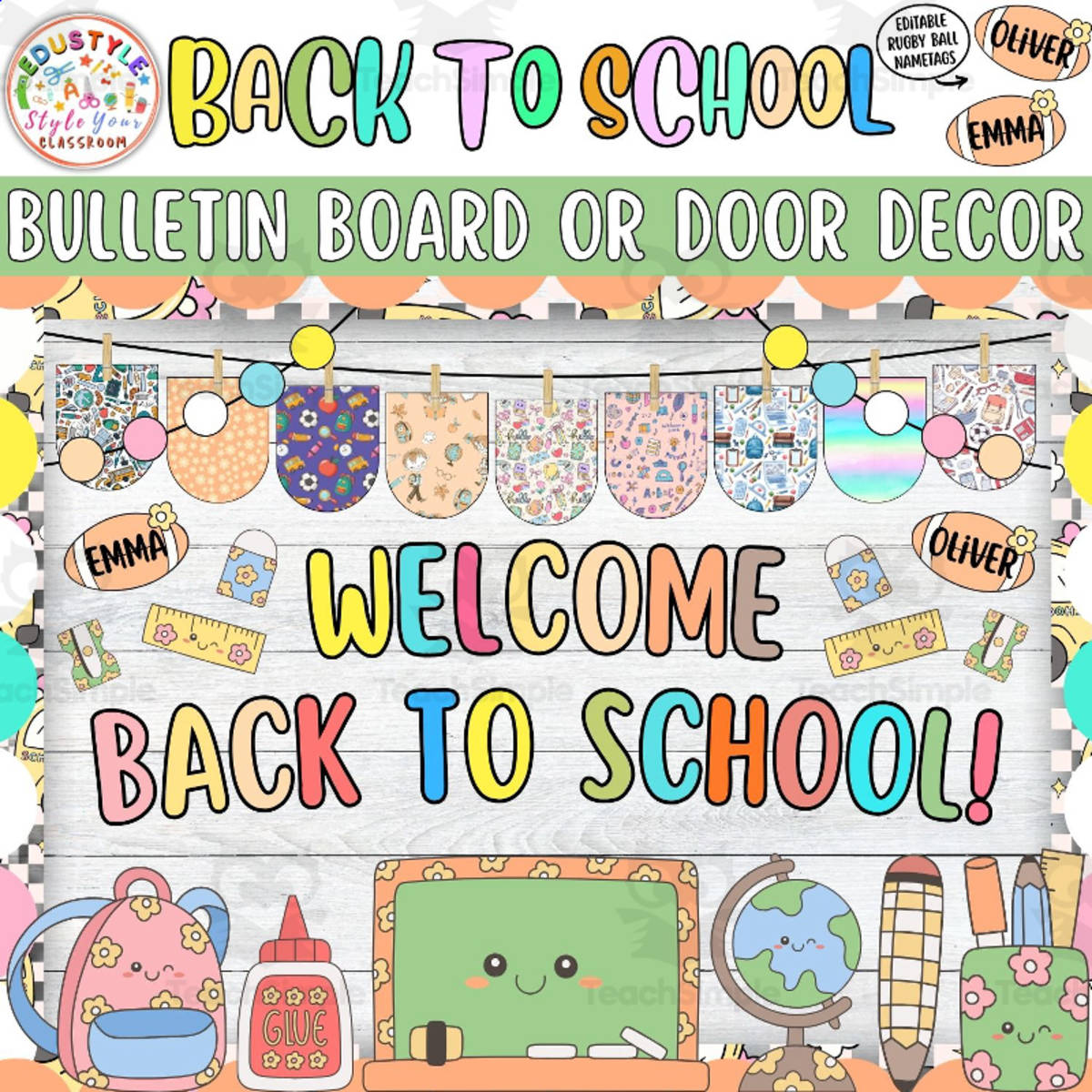 An educational teaching resource from Style Your Classroom entitled Welcome Back To School! August Bulletin Board And Door Decor Kit downloadable at Teach Simple.