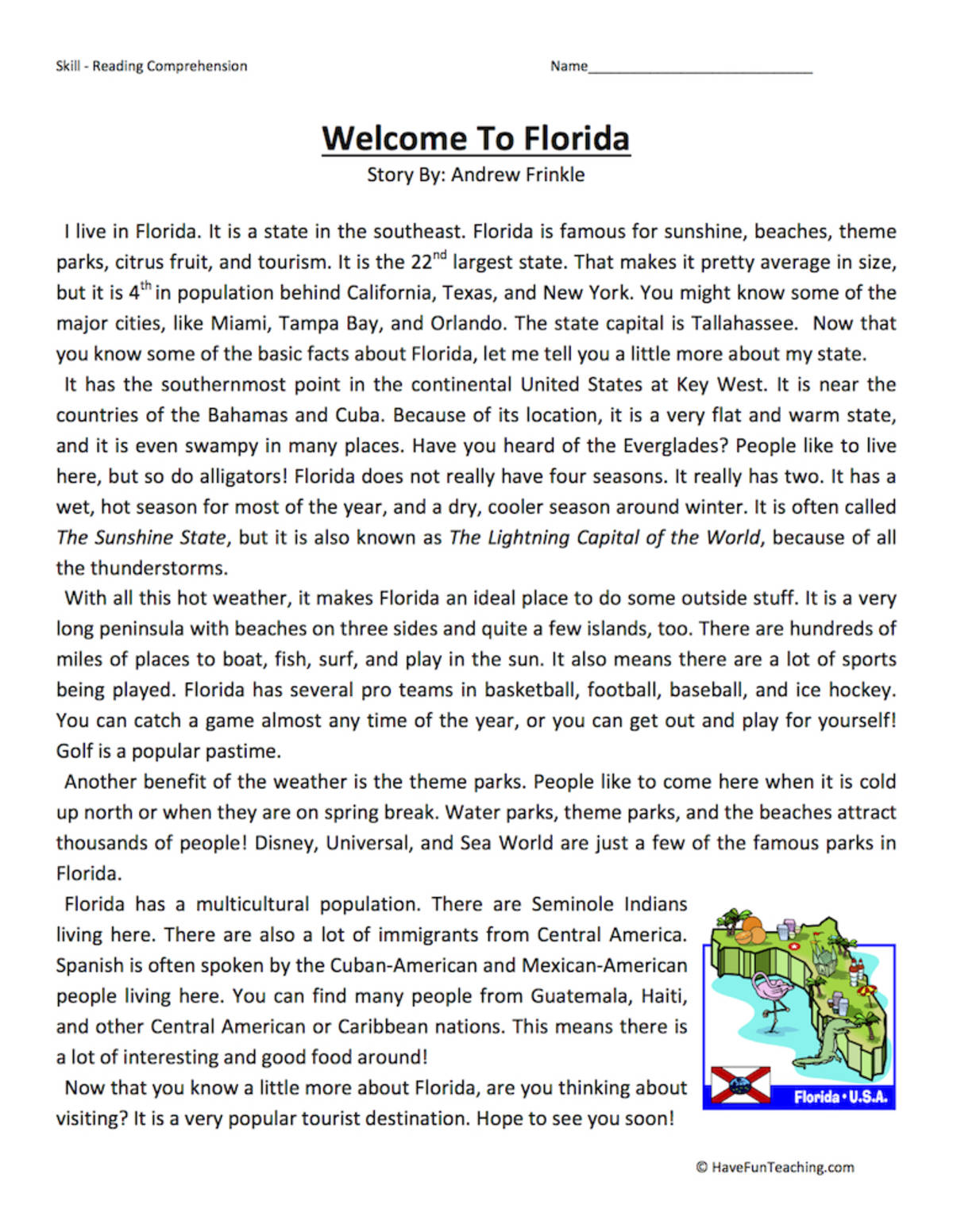 An educational teaching resource from Have Fun Teaching entitled Welcome to Florida Reading Comprehension Worksheet downloadable at Teach Simple.