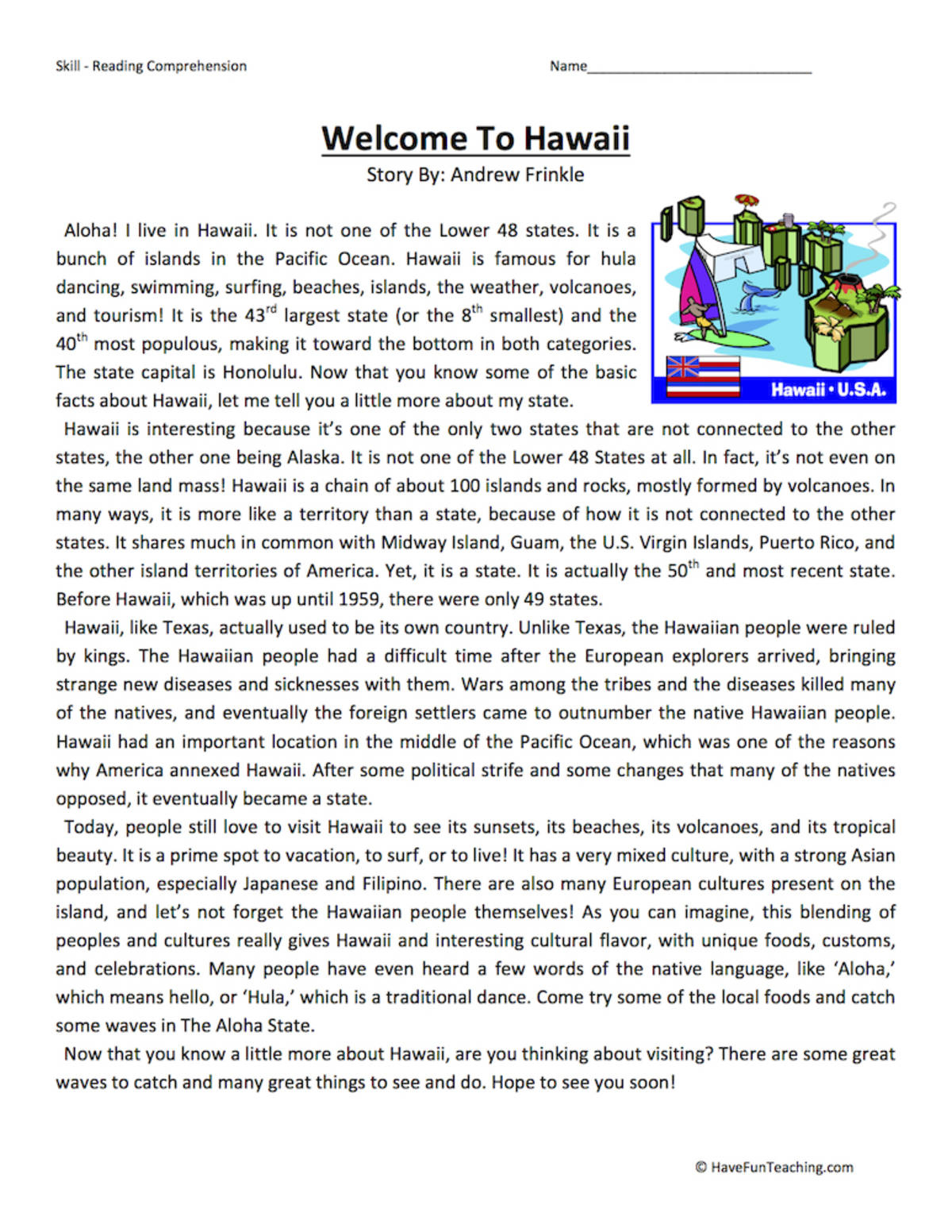An educational teaching resource from Have Fun Teaching entitled Welcome to Hawaii Reading Comprehension Worksheet downloadable at Teach Simple.