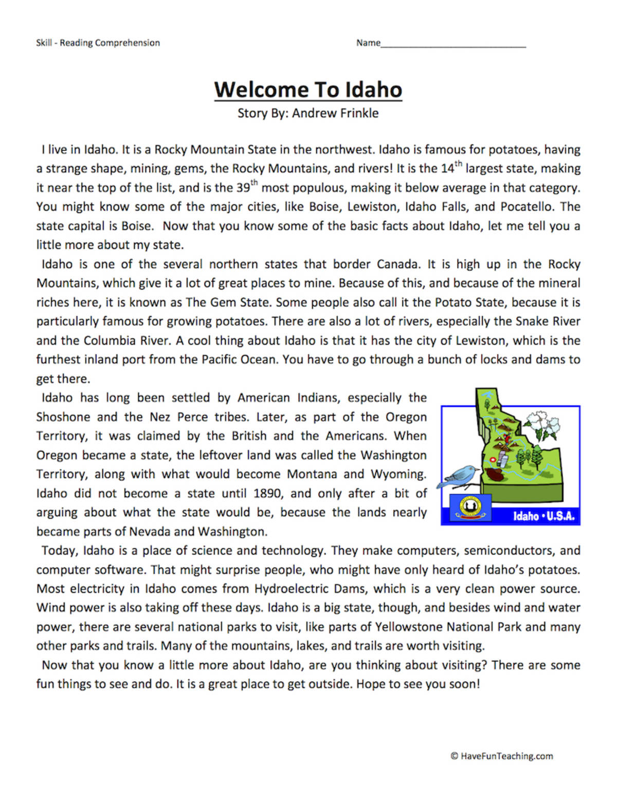 An educational teaching resource from Have Fun Teaching entitled Welcome to Idaho Reading Comprehension Worksheet downloadable at Teach Simple.