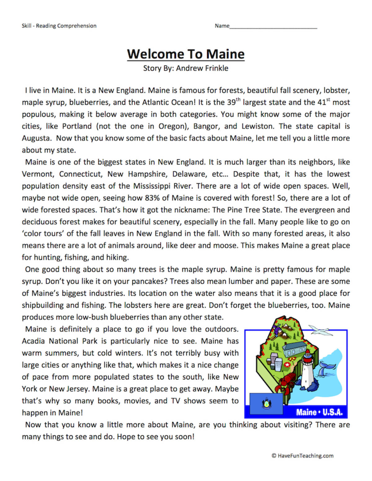 An educational teaching resource from Have Fun Teaching entitled Welcome to Maine Reading Comprehension Worksheet downloadable at Teach Simple.