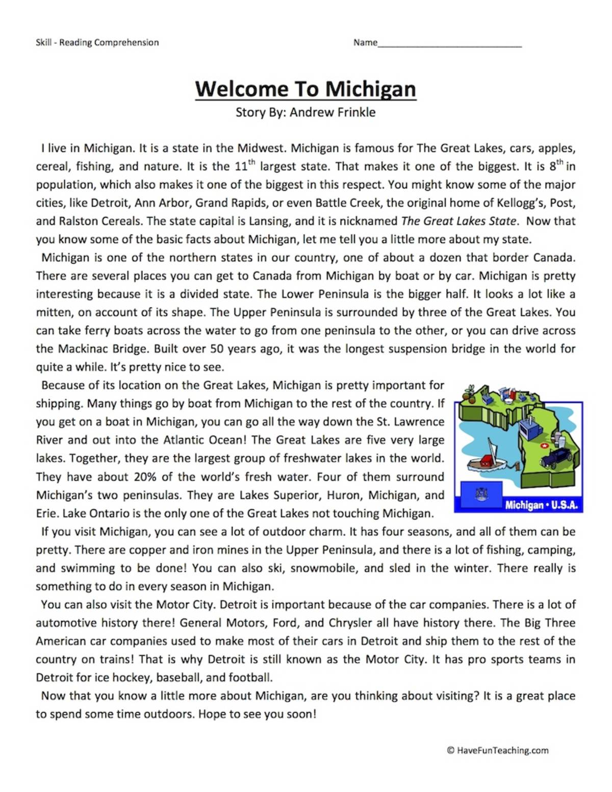 An educational teaching resource from Have Fun Teaching entitled Welcome to Michigan Reading Comprehension Worksheet downloadable at Teach Simple.