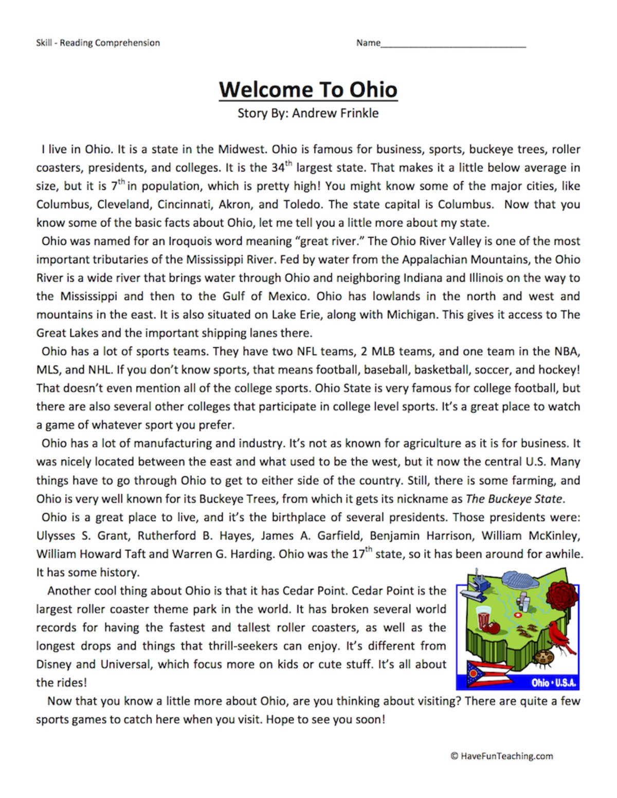 An educational teaching resource from Have Fun Teaching entitled Welcome to Ohio Reading Comprehension Worksheet downloadable at Teach Simple.