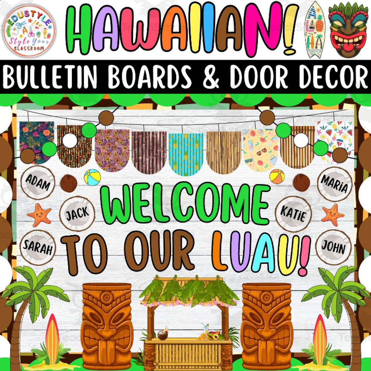 An educational teaching resource from Style Your Classroom entitled Welcome to Our Luau: Hawaiian & Summer Bulletin Board & Door Decor Kit downloadable at Teach Simple.