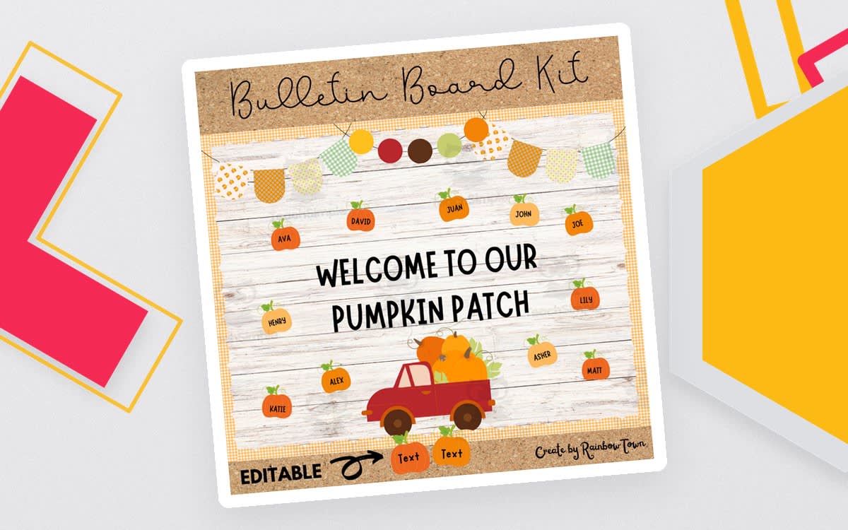 An educational teaching resource from RainbowTown entitled Welcome To Our Pumpkin Patch Fall Bulletin Board Door Decor downloadable at Teach Simple.