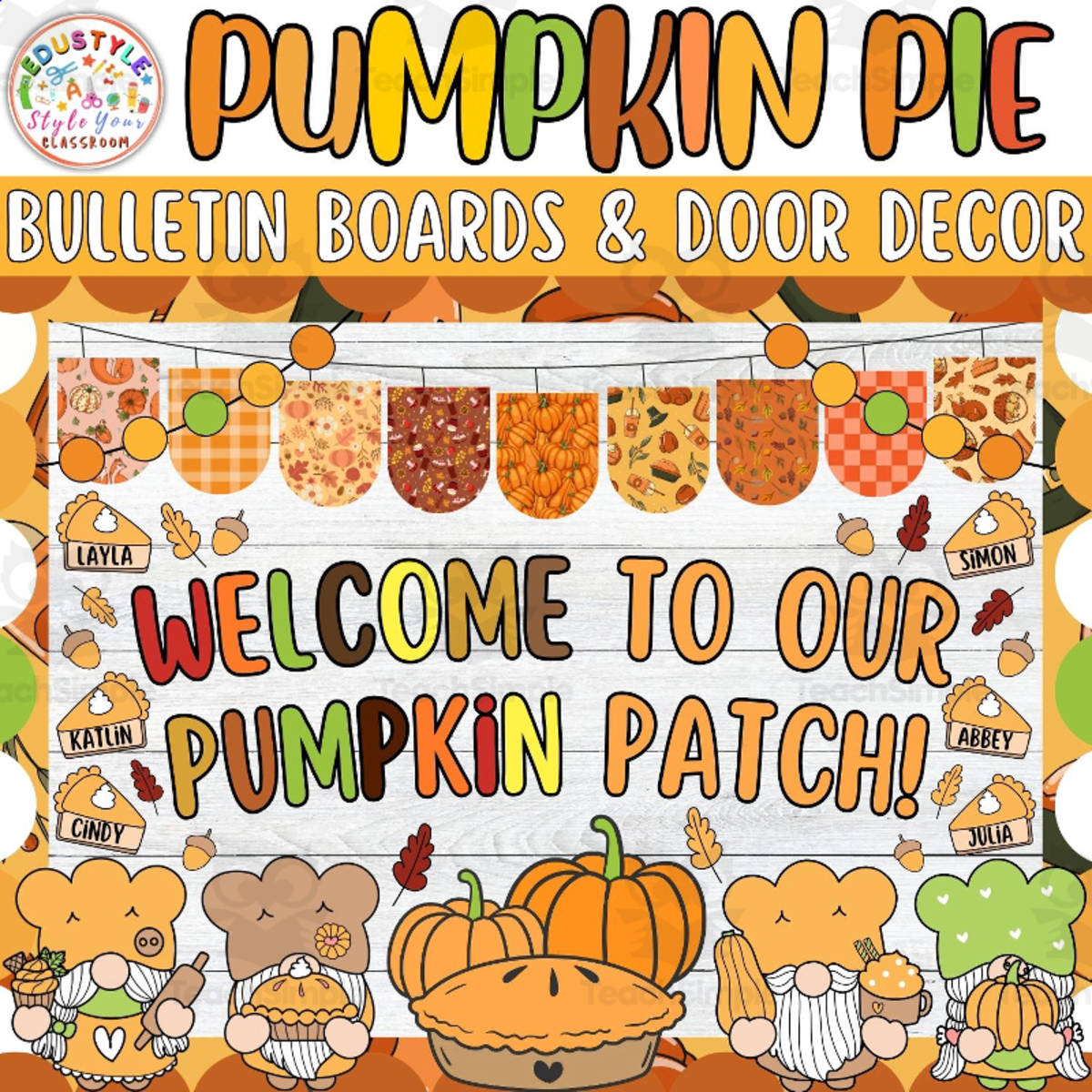 An educational teaching resource from Style Your Classroom entitled Welcome To Our Pumpkin: Thanksgiving Bulletin board or door Decor kit downloadable at Teach Simple.
