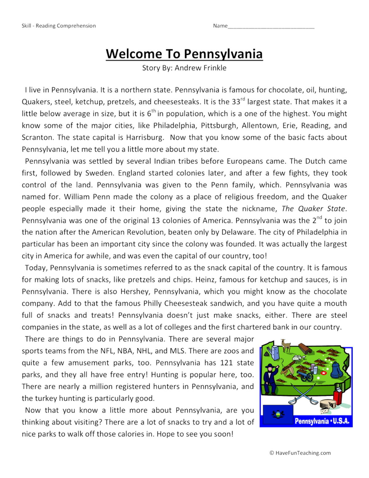 An educational teaching resource from Have Fun Teaching entitled Welcome to Pennsylvania Reading Comprehension Worksheet downloadable at Teach Simple.