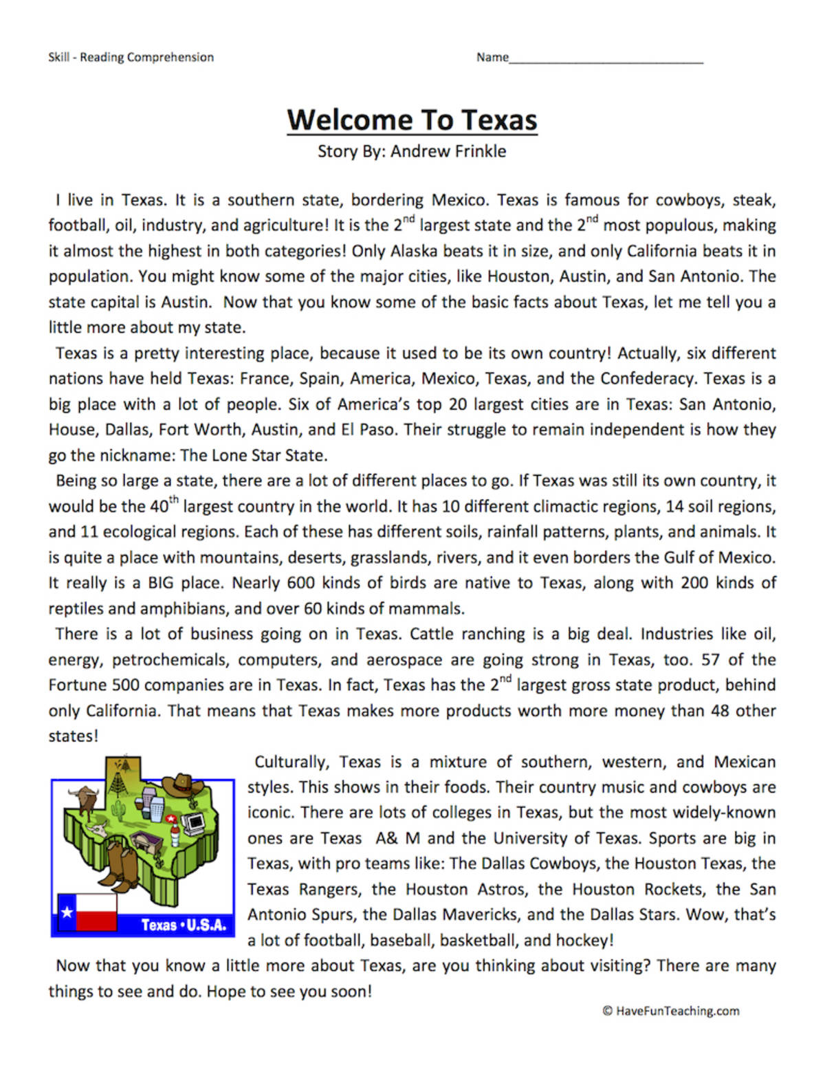 An educational teaching resource from Have Fun Teaching entitled Welcome to Texas Reading Comprehension Worksheet downloadable at Teach Simple.